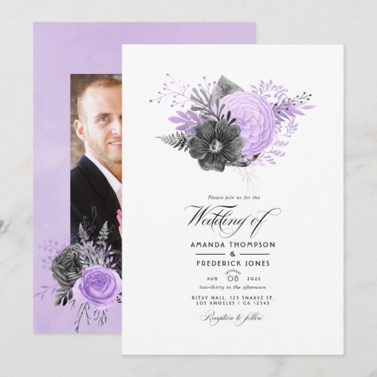 Invitation Lilac et Charcoal Floral Mariage Photo (Devant / Derrière)