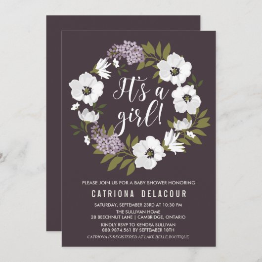 Invitation Lilac et la couronne d'anémone C'est un Baby showe (Devant / Derrière)