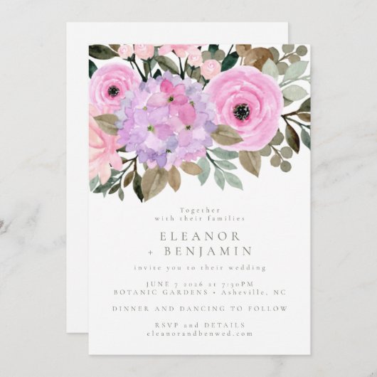 Invitation Lilac et rose floral bouquet Mariage Boho (Devant / Derrière)