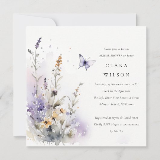 Invitation Lilac Fleur sauvage Papillon Fête des mariées de j (Devant)