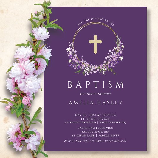 Invitation Lilac Fleurs Filles Premier Baptême
