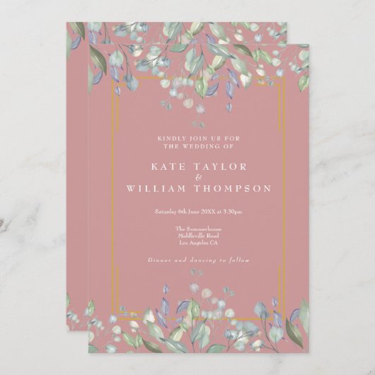 Invitation Lilac Floral Élégant Rose Dusty Tout en un Mariage (Devant / Derrière)