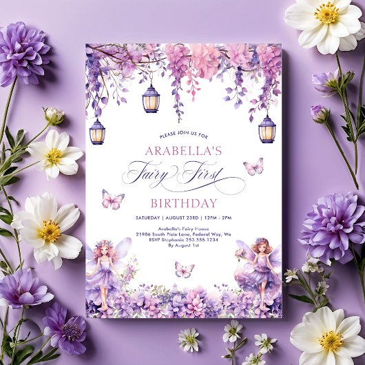 Invitation Lilac Floral Fairy Première fête d'anniversaire