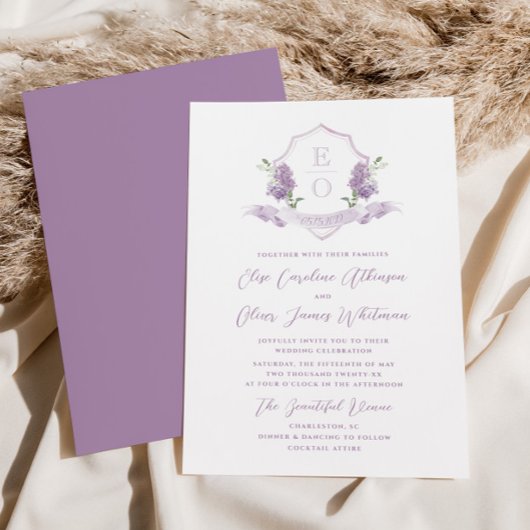 Invitation Lilac Floral Monogram Crest Mariage