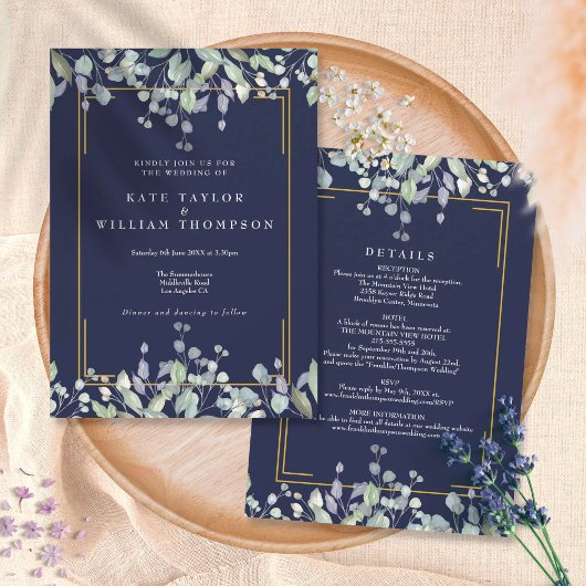 Invitation Lilac Floral Navy Bleu Tout en un Mariage Détails