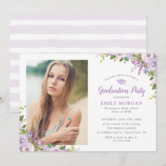 Invitation Lilac Floral Photo Graduation Party (Devant / Derrière)