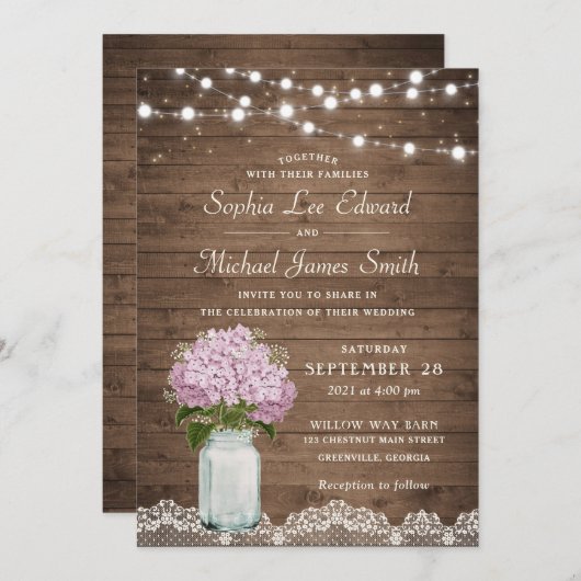 Invitation Lilac Floral Rustique Hydrangea Mason Jar Lace Lum (Devant / Derrière)