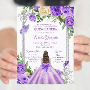 Invitation Lilac lavande violet argent Quinceanera Papillon