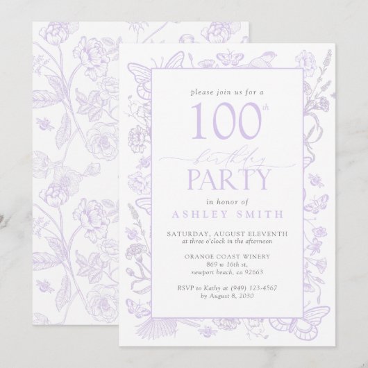 Invitation Lilac Lavender 100e fête d'anniversaire Floral Élé (Devant / Derrière)