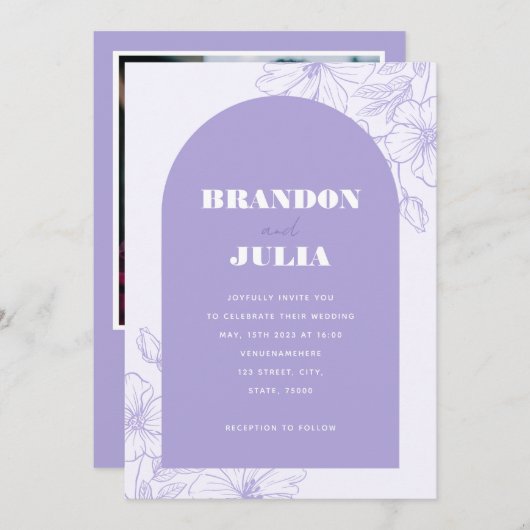 Invitation Lilac Lavender Boho Arch Floral Botanal QR Code (Devant / Derrière)