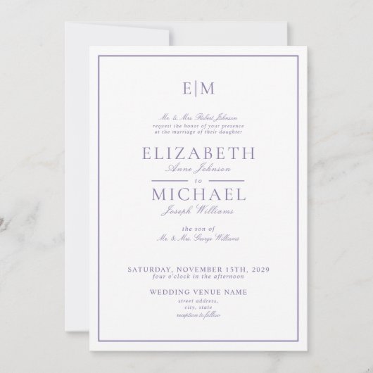 Invitation Lilac Lavender Classic Script Monogram Mariage (Devant)