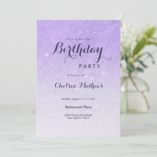 Invitation Lilac lavender fausse parties scintillant ombre fê (Debout devant)