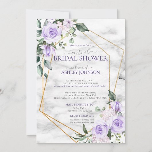 Invitation Lilac Lavender Gold Marbre Floral Douche virtuelle (Devant)