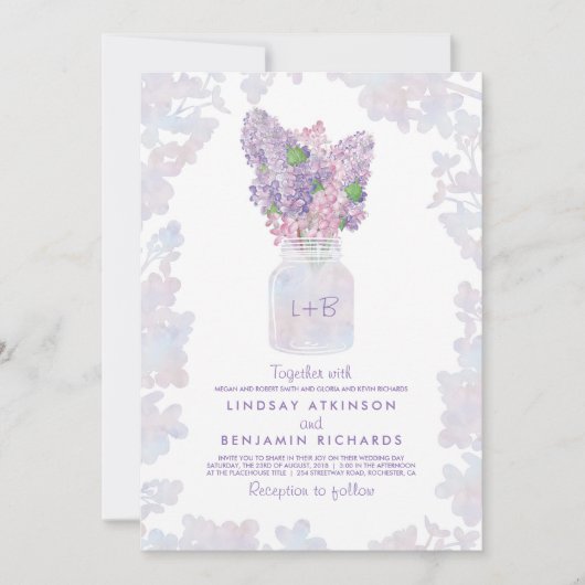Invitation Lilac Mason Jar | Aquarelle florale Mariage rustiq (Devant)