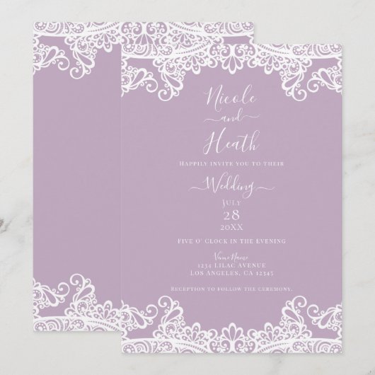 Invitation Lilac Mauve & Blanche Dentelle Élégante Mariage (Devant / Derrière)