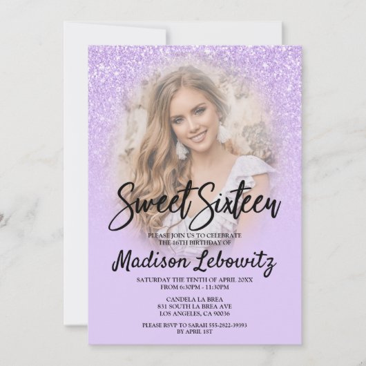 Invitation Lilac Parties scintillant Glam Sweet 16 Photo Invi (Devant)