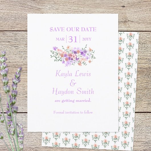 Invitation Lilac & Peach Bouquet Mariage Enregistrer la date