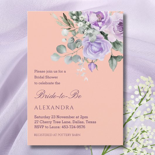 Invitation Lilac Peach Floral Peony Bridal Shower