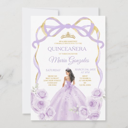 Invitation Lilac Purple Bow Princess Gold Crown Quinceañera (Devant)