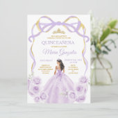 Invitation Lilac Purple Bow Princess Gold Crown Quinceañera (Debout devant)
