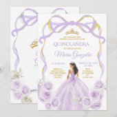 Invitation Lilac Purple Bow Princess Gold Crown Quinceañera (Devant / Derrière)