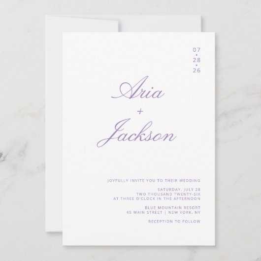 Invitation Lilac Purple Calligraphie moderne Code QR Mariage (Devant)