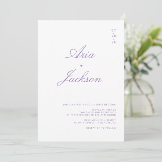 Invitation Lilac Purple Calligraphie moderne Code QR Mariage (Debout devant)