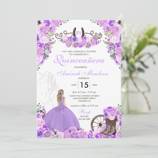 Invitation Lilac Purple Charra Bottes florales Quinceañera (Debout devant)