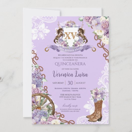 Invitation Lilac Purple Classy Western Charro Quinceanera (Devant)