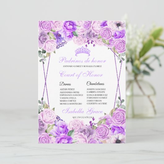Invitation Lilac Purple Floral Quinceanera Cour d'honneur (Debout devant)