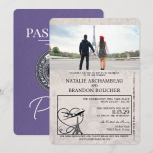 Invitation Lilac Purple Paris Passport Mariage