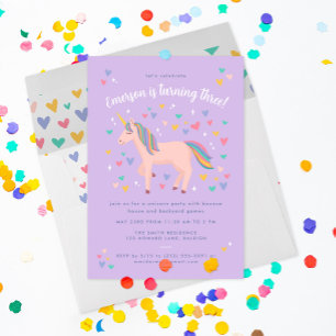 Invitation Lilac Purple Pastel Rainbow Unicorn fête d'anniver
