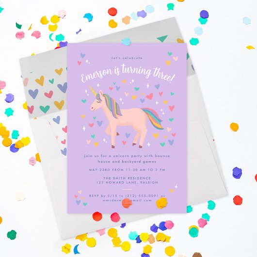 Invitation Lilac Purple Pastel Rainbow Unicorn fête d'anniver