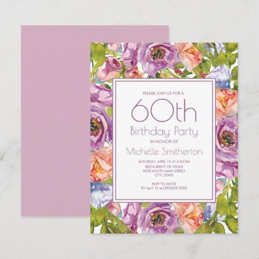 Invitation Lilac Purple Rose Floral 60e Anniversaire Femmes (Devant / Derrière)