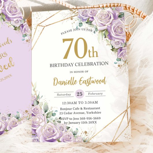 Invitation Lilac Purple Roses Floral 70e 80e anniversaire Lov