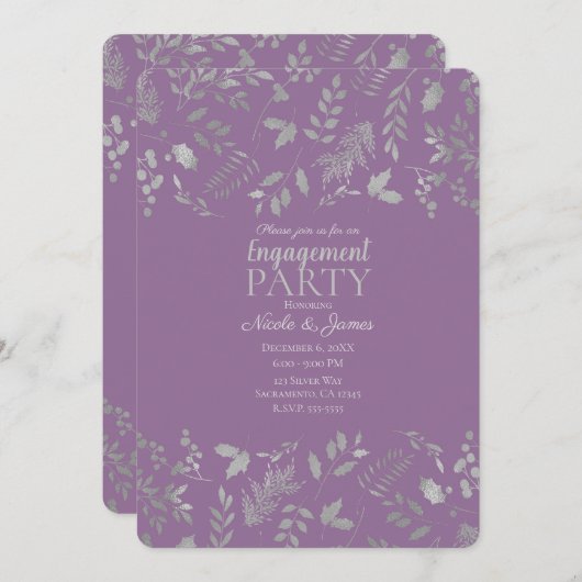 Invitation Lilac Purple Silver Leaves Engagement Botanique (Devant / Derrière)