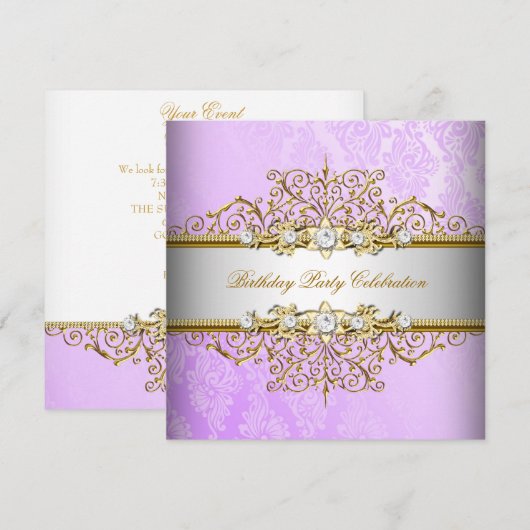 Invitation Lilac Purple White Gold Elegant Party (Devant / Derrière)