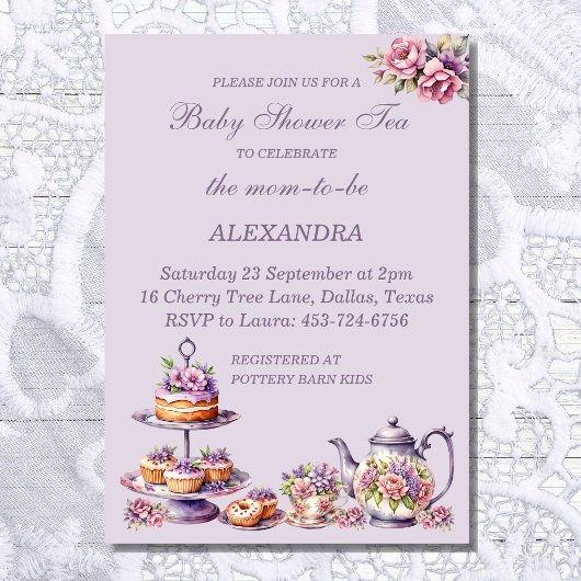 Invitation Lilac Rose Floral Whimsical Tea Baby Girl Douche