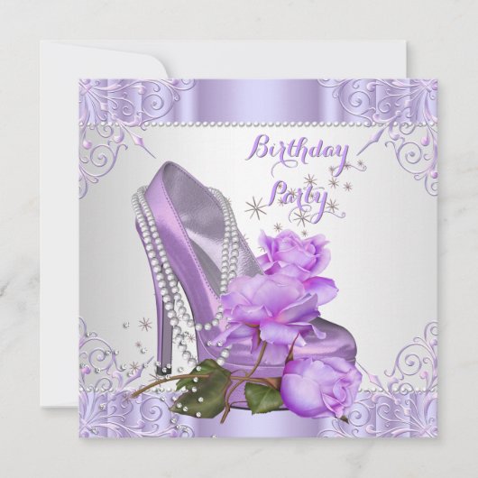 Invitation Lilac Rose High Heel Lace Perles Anniversaire fête (Devant)