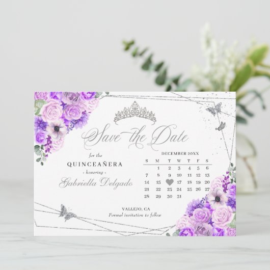 Invitation Lilac & Silver Quinceañera Enregistrer La Date (Debout devant)