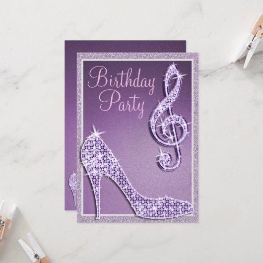 Invitation Lilac Stiletto & Treble Clef Anniversaire (Devant/Arrière en situation)