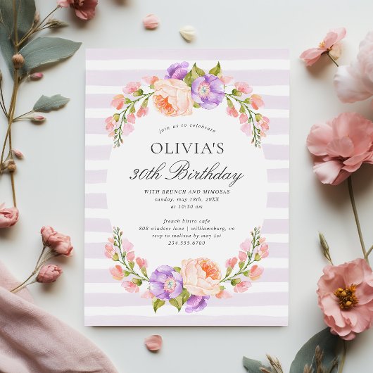 Invitation Lilac Stripe et Fleur Anniversaire Brunch Party