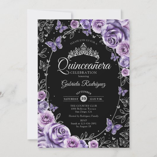 Invitation Lilac Violet Argent Noir Quinceanera (Devant)