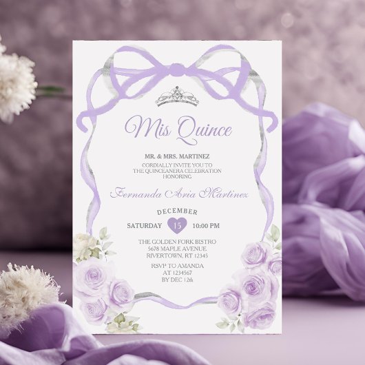 Invitation Lilac Violet Floral Bow Ribbon Argent Mis Quince