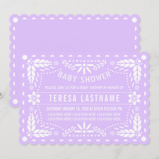 Invitation Lilac violet, papillon blanc picado bébé douche (Devant / Derrière)
