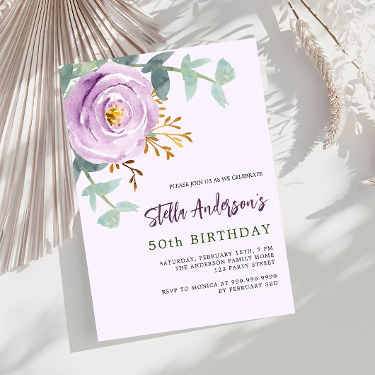 Invitation Lilac violet rose fleuri anniversaire