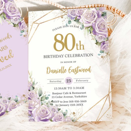 Invitation Lilac Violet Rose Floral 80e anniversaire N'import