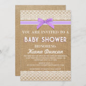 Invitation lilas de baby shower de toile de jute (Devant / Derrière)