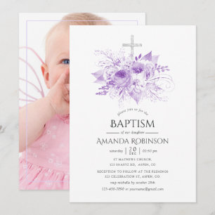 Invitation Lilas et argent - Photo de baptême floral