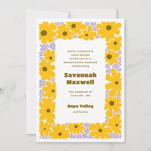 Invitation Lilas Jaune Ensoleillé Fleurs Groovy Bohème Enterr (Devant)
